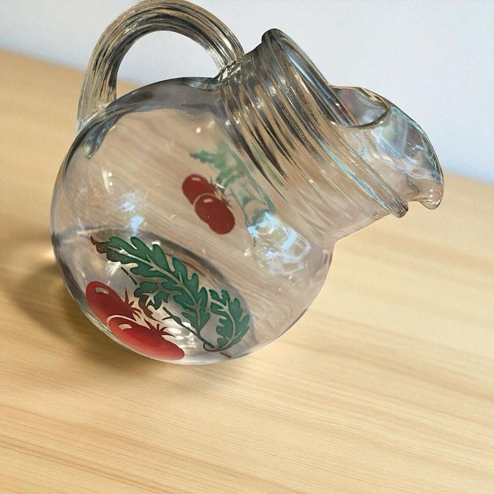 Anchor Hocking Tilted Glass Juice Pitcher Tomato Pattern With Ice Lip Vintage